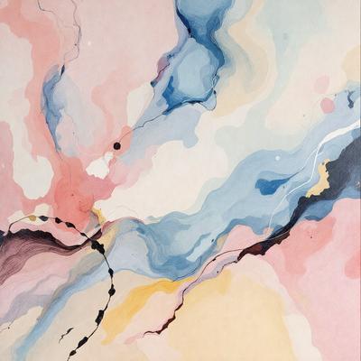 The primary subject of the image is a painting featuring a colorful, abstract design. The painting is displayed on a wall, which serves as the setting. The visual style of the painting is a mix of digital art and illustration, creating a unique and vibrant atmosphere. The dominant colors in the painting include pink, blue, yellow, and white, which contribute to the overall mood of the artwork.